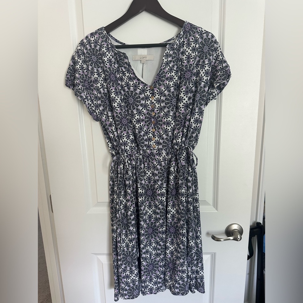 LOFT Black, White and Purple Short Sundress with Dolman Sleeves